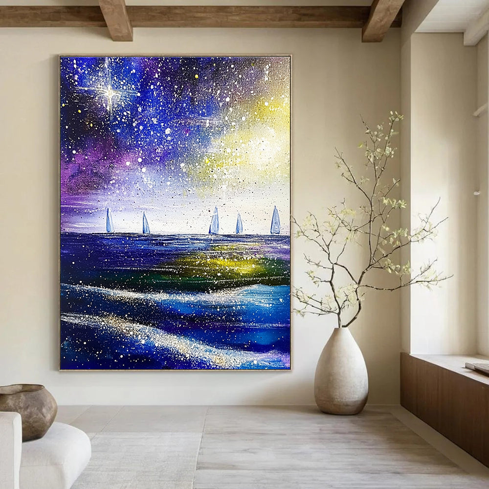 Large abstract painting of the sea and sky featuring stars and distant sailboats in vibrant shades of purple blue green and white.STSC852