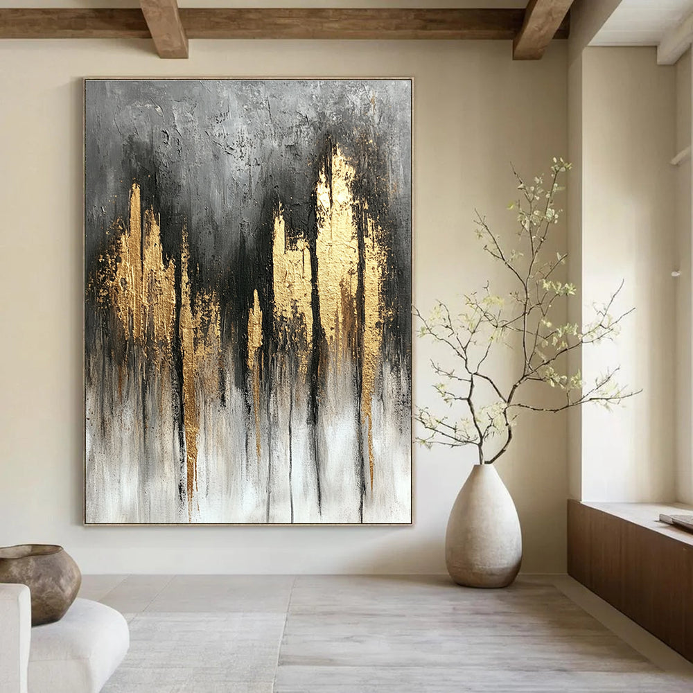 Large abstract painting featuring a gray and gold color scheme with textured canvas flowing lines and a tranquil atmospheric composition.STSC393