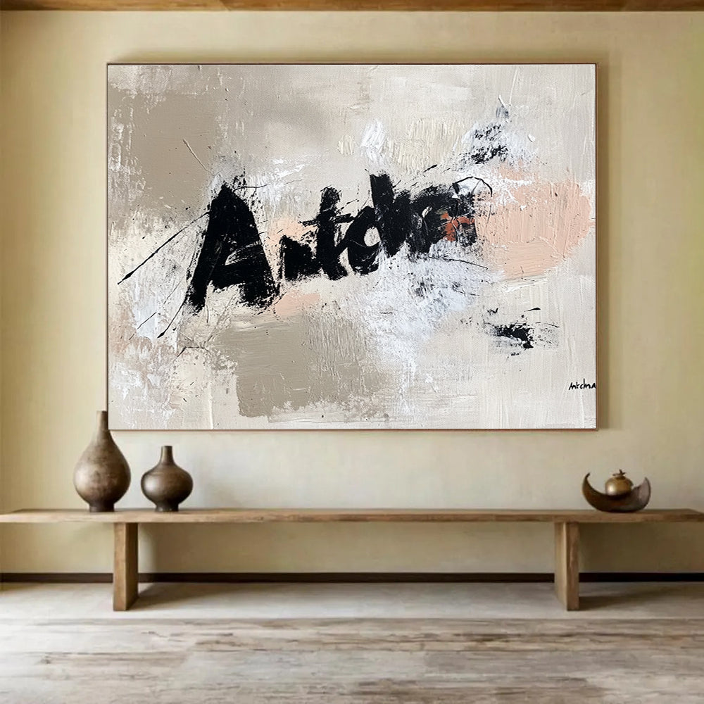 Textured Word Abstract Painting with Beige and Black DYP469