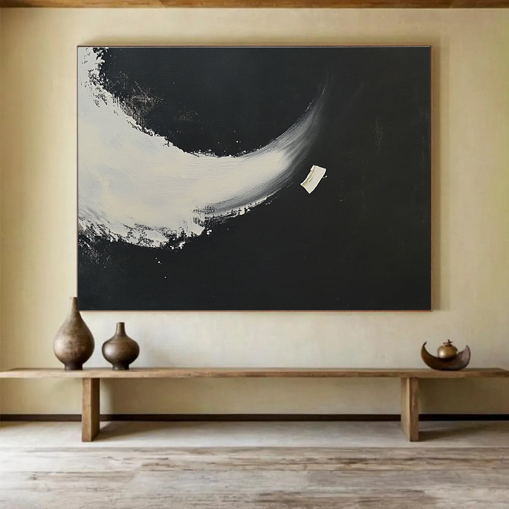 Black and White Crescent Abstract Painting with Bold Shapes DYP256