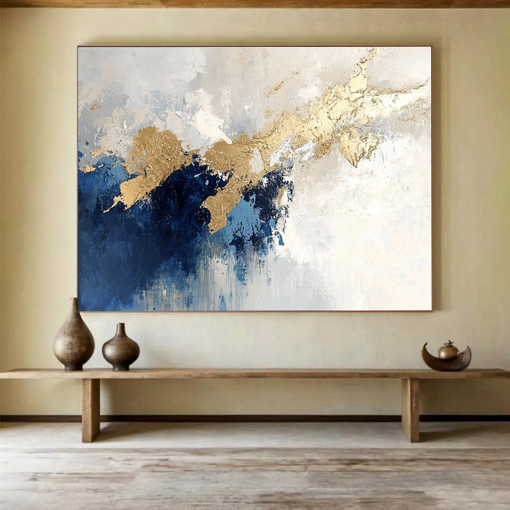 Blue and Gold Dripping Abstract Painting with Textured Layers DYP184