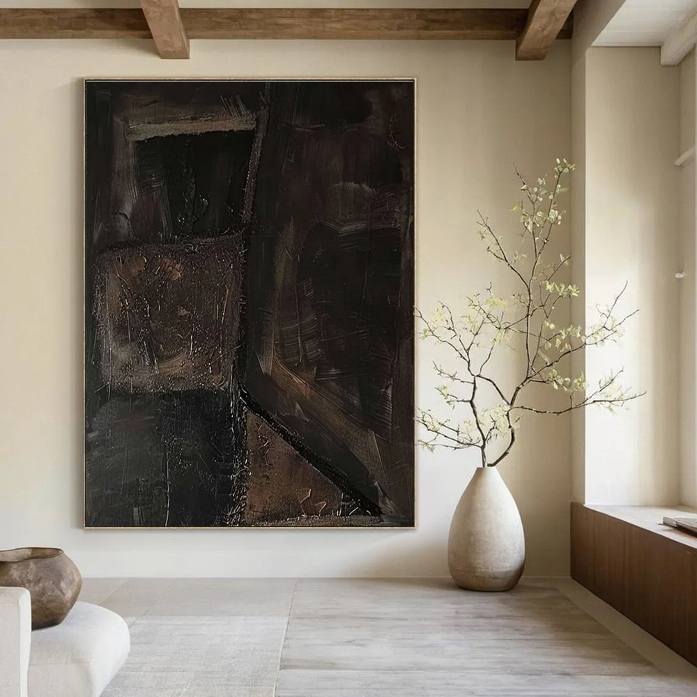 Dark Textured Patchwork Abstract Painting with Earthy Browns ADGE497