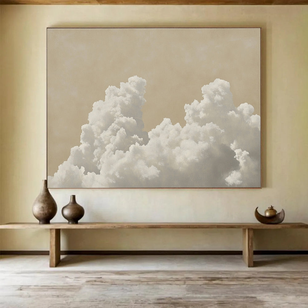 A large abstract painting featuring a cloud of white clouds against a pale beige background with muted colors and ultra-realistic details.SC454
