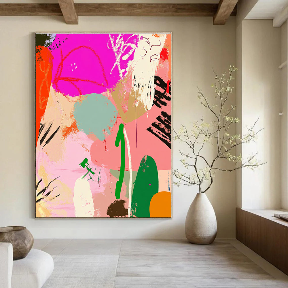 Large abstract painting featuring playful lines and whimsical patterns in pink, green, and orange creating a vibrant collage with organic forms.STSC485