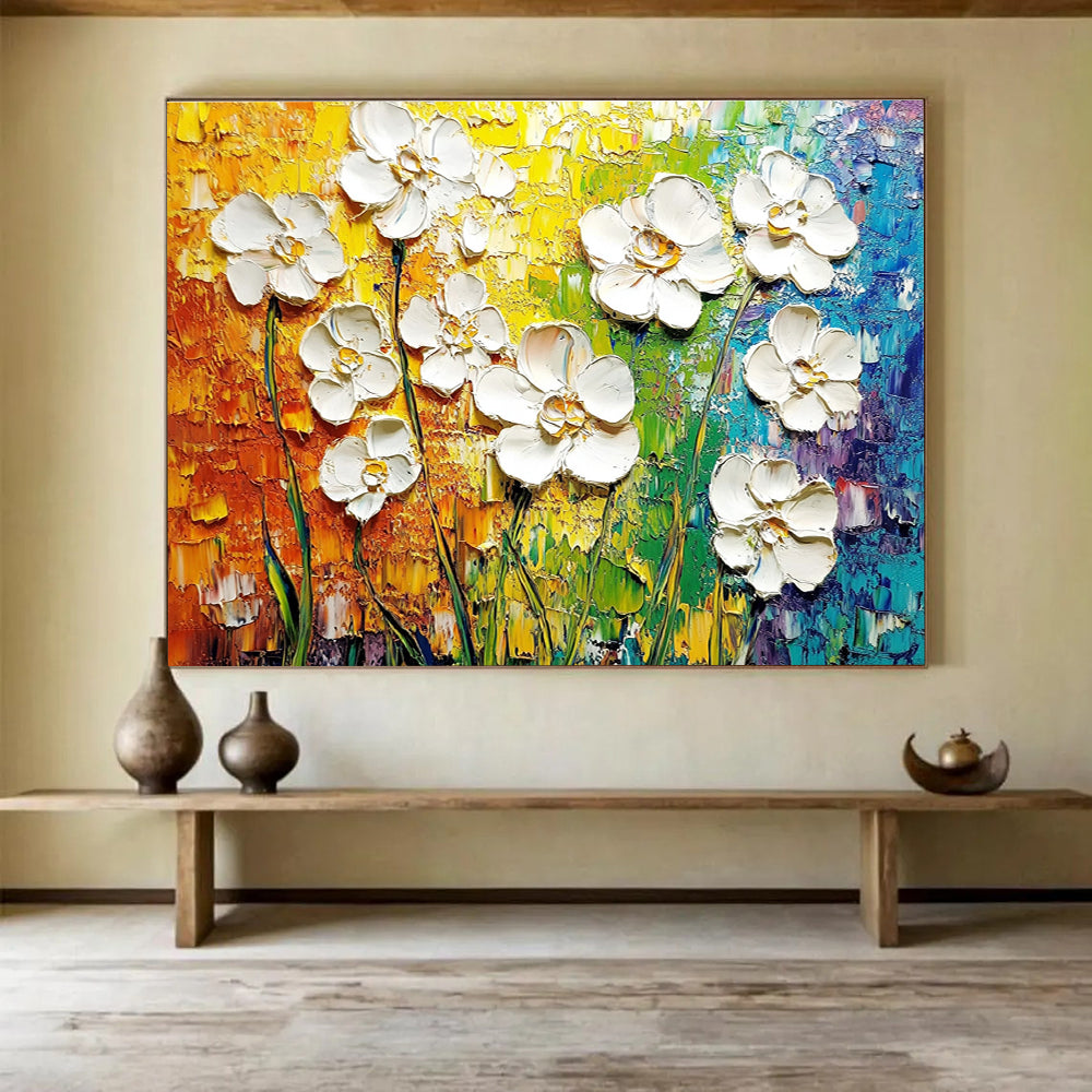Vibrant abstract painting of white flowers on a textured canvas showcasing intricate details and celebrating the beauty of nature.SC271
