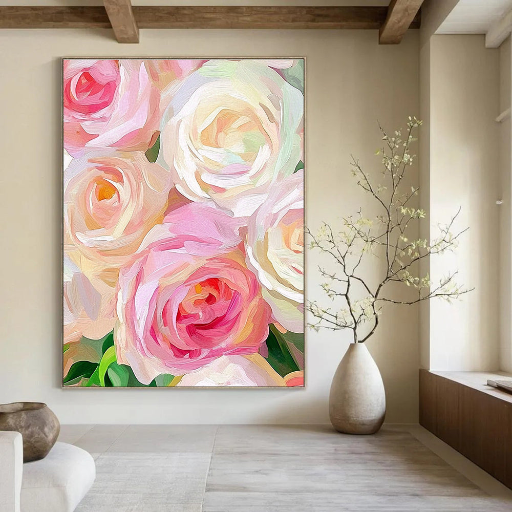 A large abstract painting featuring soft pink and cream roses with loose brushstrokes and a blurred background highlights the flowers' vibrant texture.STSC944