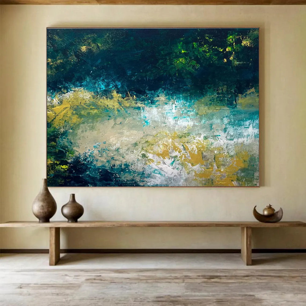 Teal Gold Abstract Painting with Dynamic Color Blends THY326
