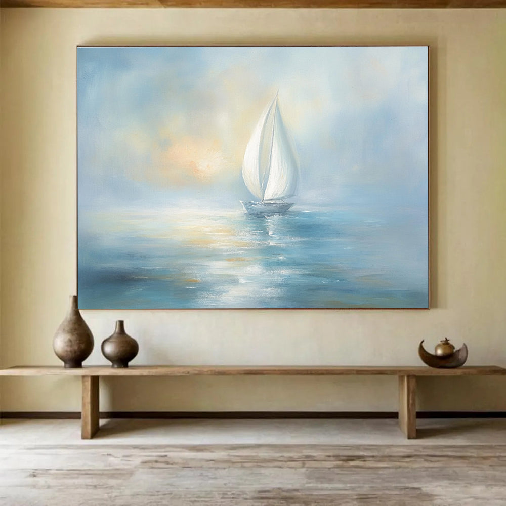 Light Blue Sailboat Abstract Painting with a Hazy Sky DYP138