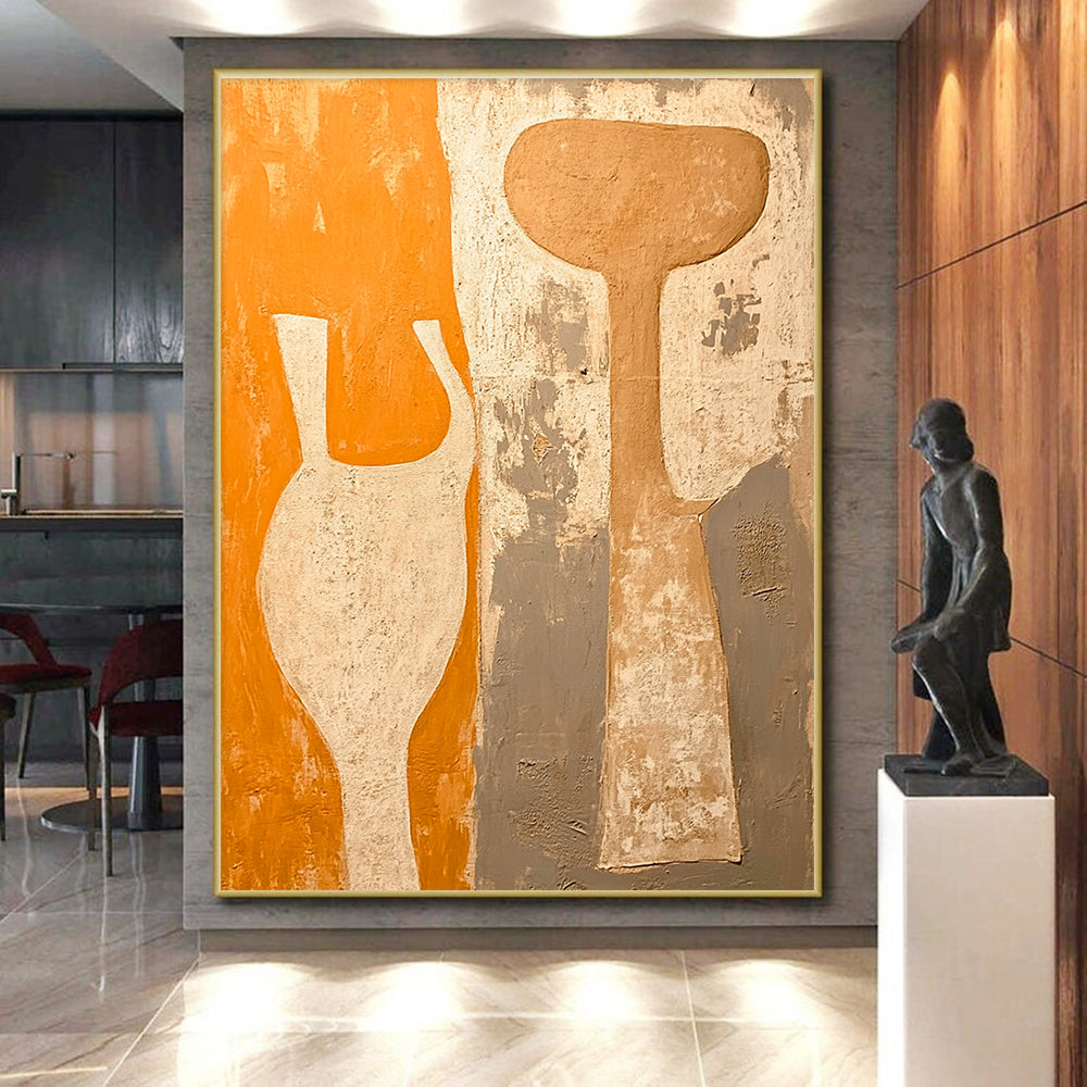 Orange Gray and Beige Vase - Shaped Abstract Painting with Textured Background GER060