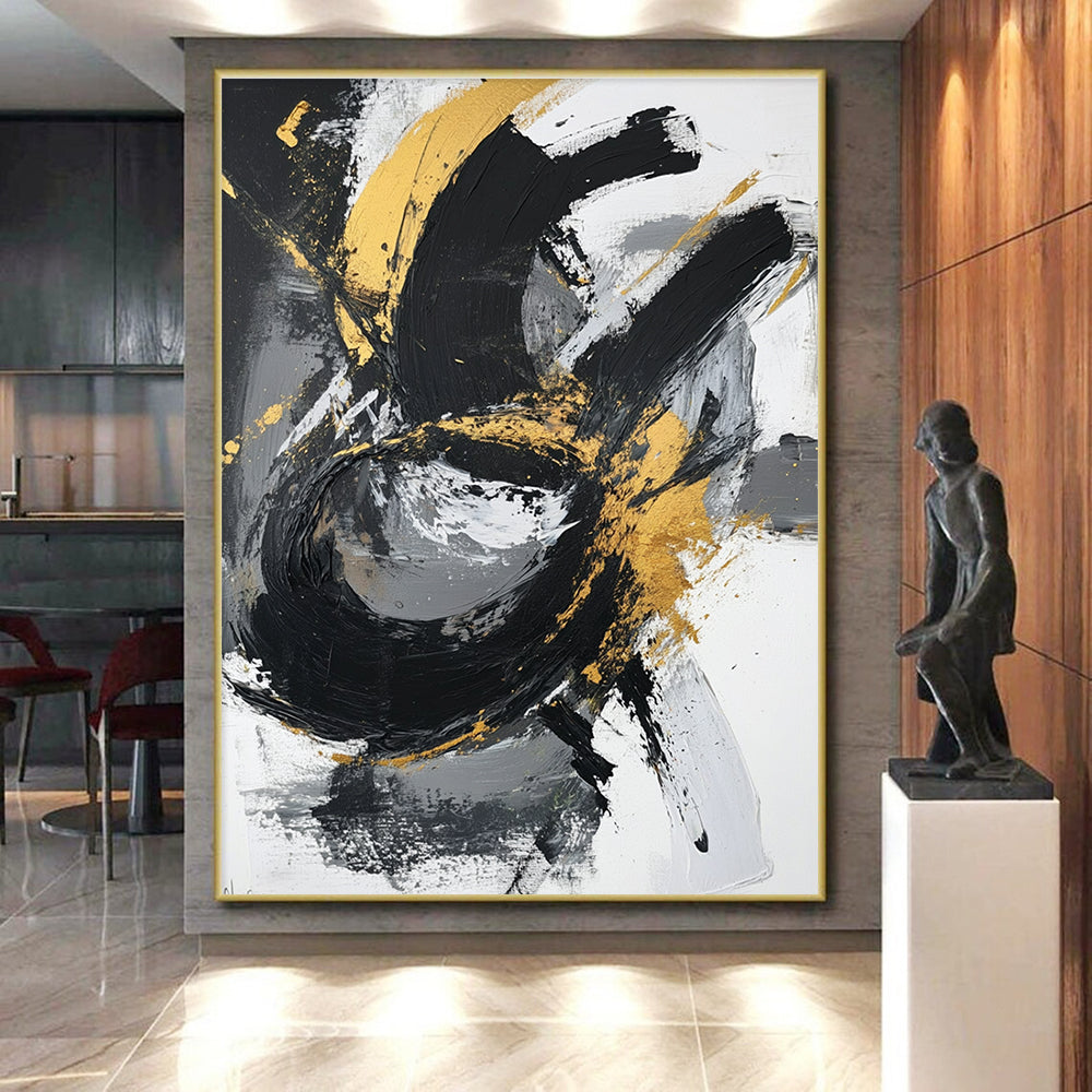Gold Swirl Abstract with Black White and Gray Motions GER367