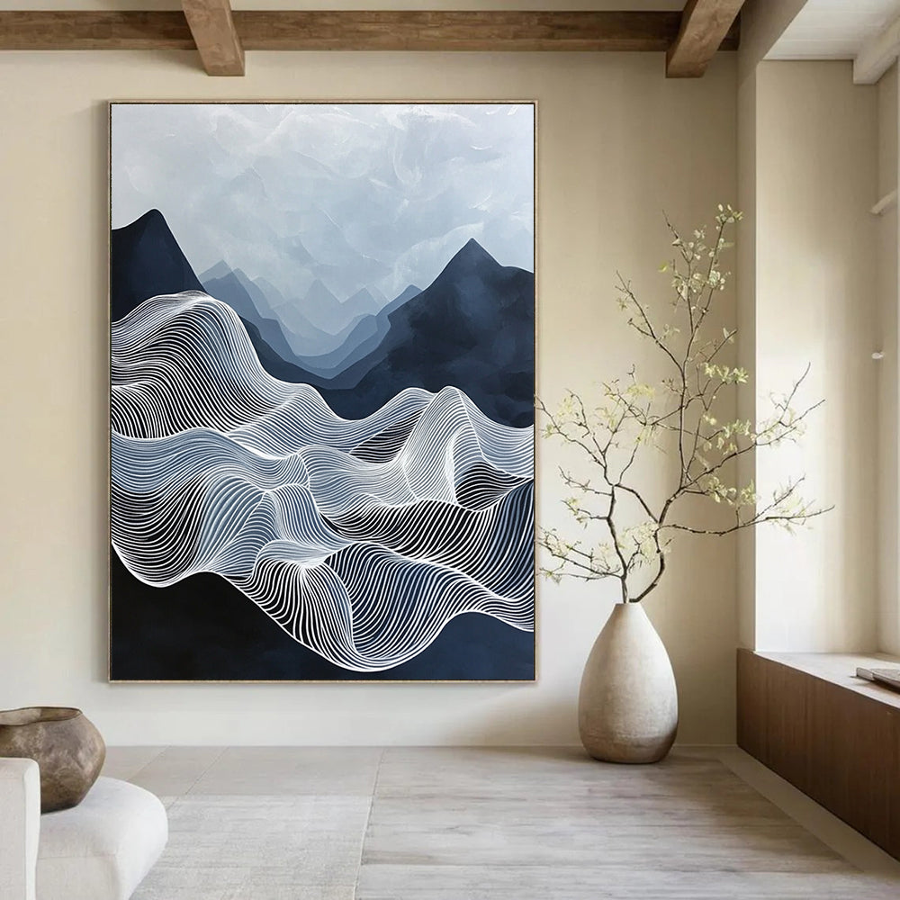 Large abstract painting of ethereal waves with flowing white lines against a deep blue sky featuring black mountains and mysterious organic forms.STSC1147