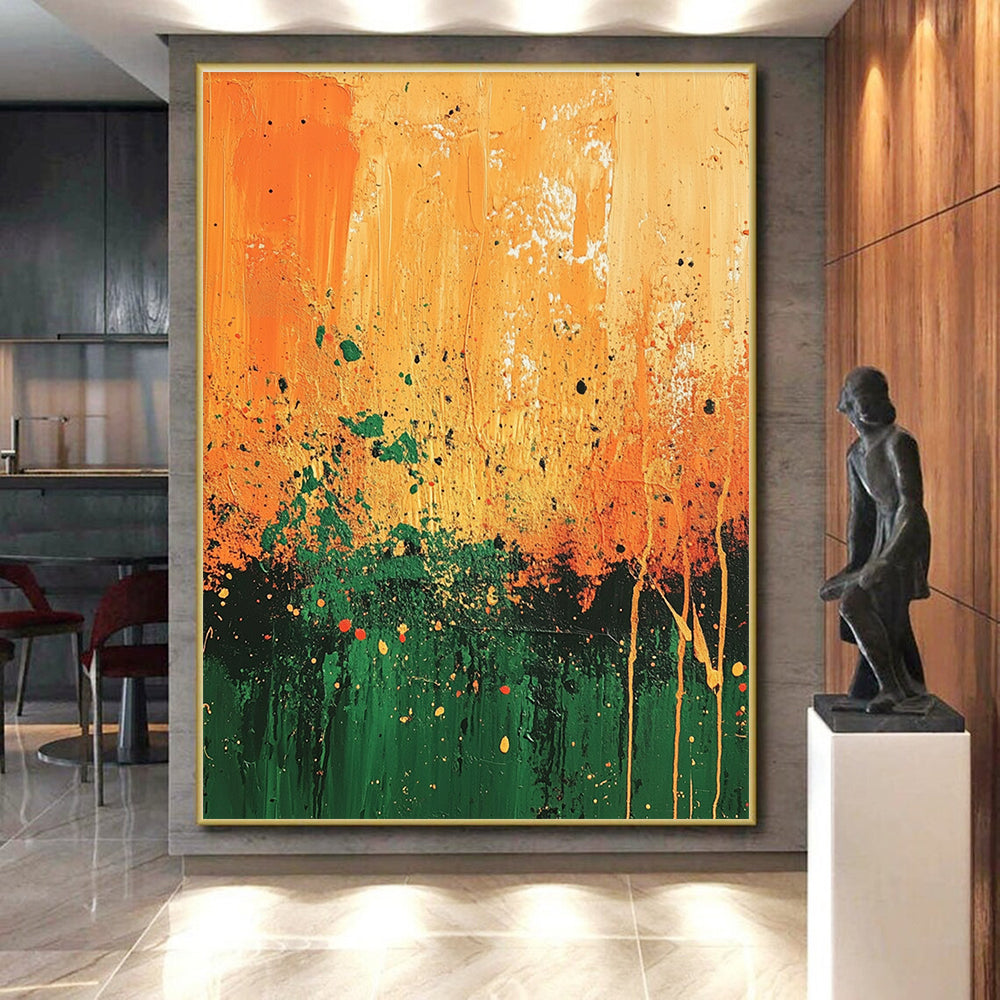 Orange Green Splatter Abstract Painting with Energetic Patterns GER492