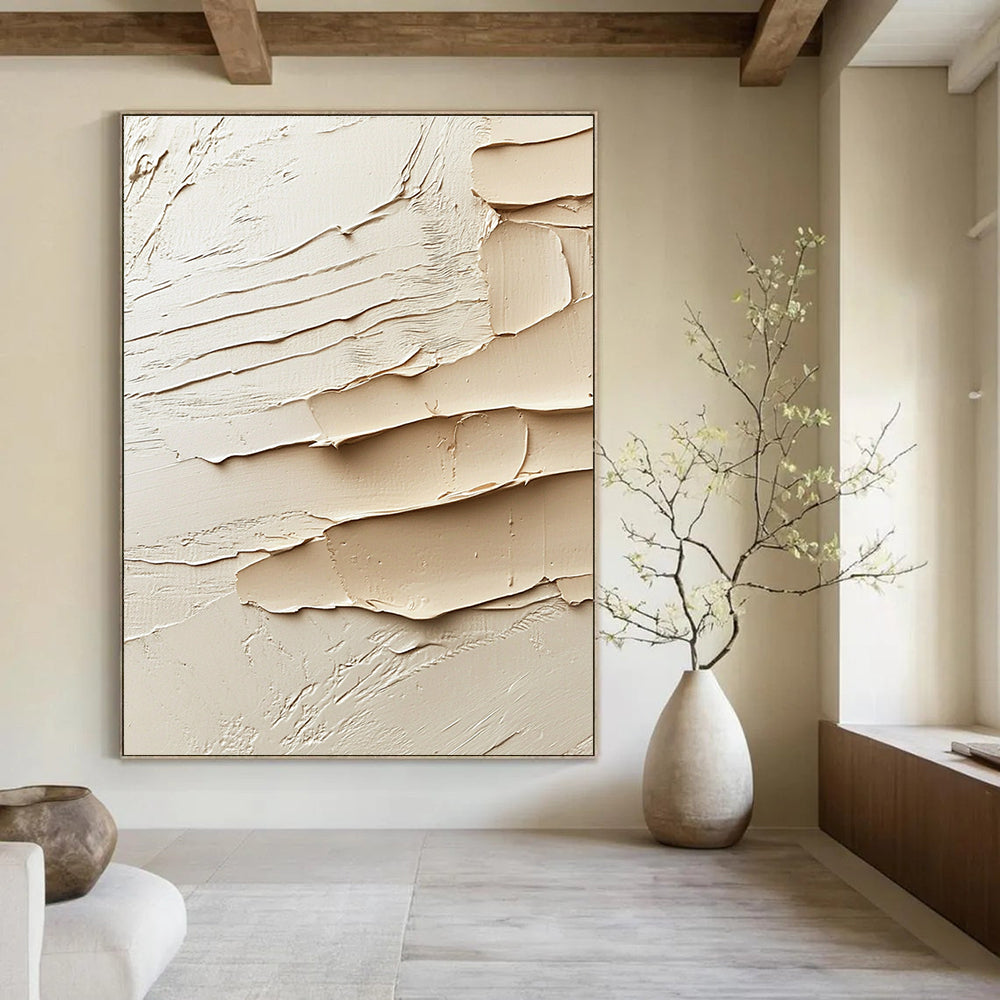 Large abstract painting showcasing soft clay textures in shades of beige and cream with sculptural potential reflecting Abstract Expressionism.STSC1284