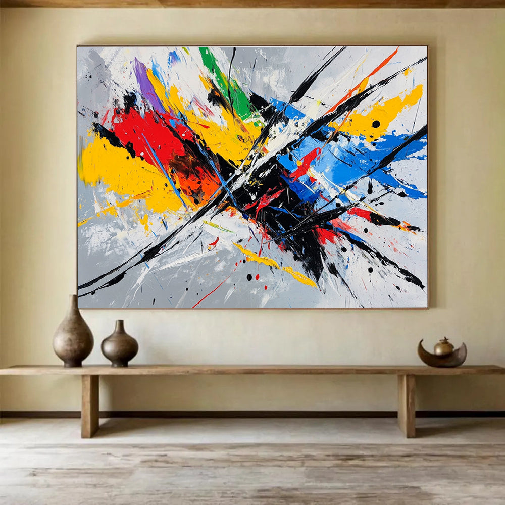 Bold abstract painting featuring dynamic lines and vibrant colors, capturing the essence of speed on a gray background.SC156