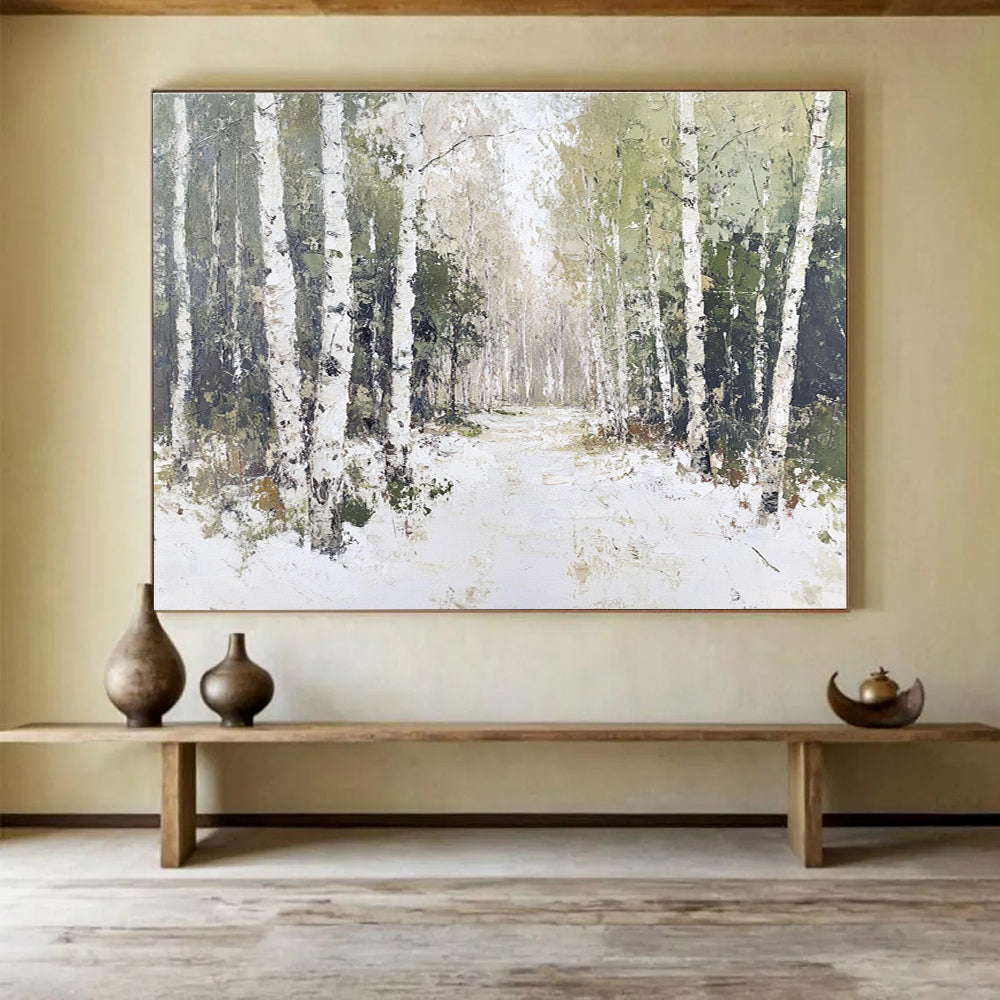 A large abstract painting of birch trees with white bark and green leaves, featuring soft lighting and textured tree trunks against a snowy ground.SC466