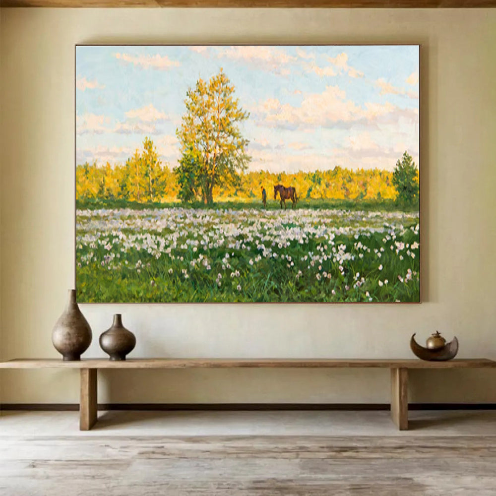 Summer Meadow Abstract Painting with Green, Yellow, and White Tones THY216