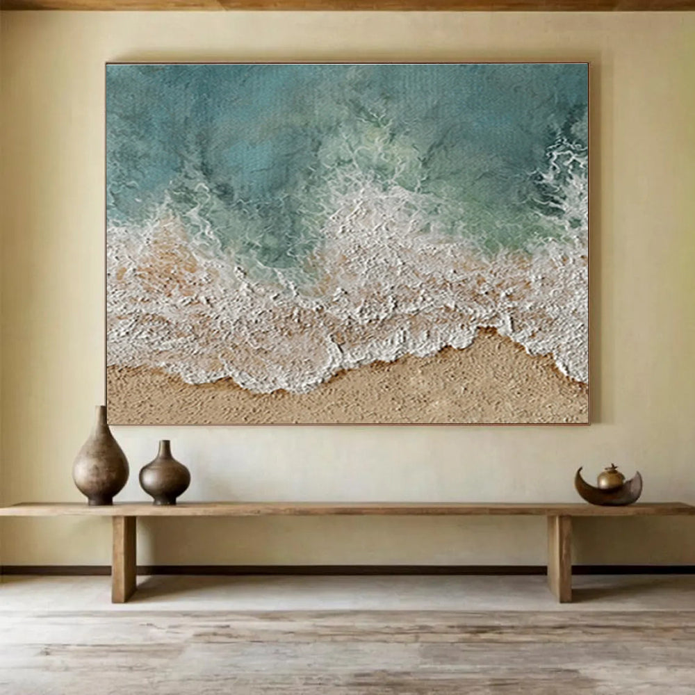 Aerial Beach View Abstract Painting with Turquoise and Sandy Tones THY254