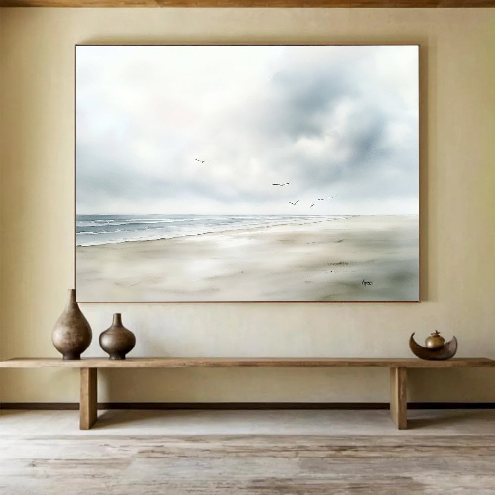 Seaside with Birds Watercolor Abstract Painting with Soft Blues and Grays DYP613
