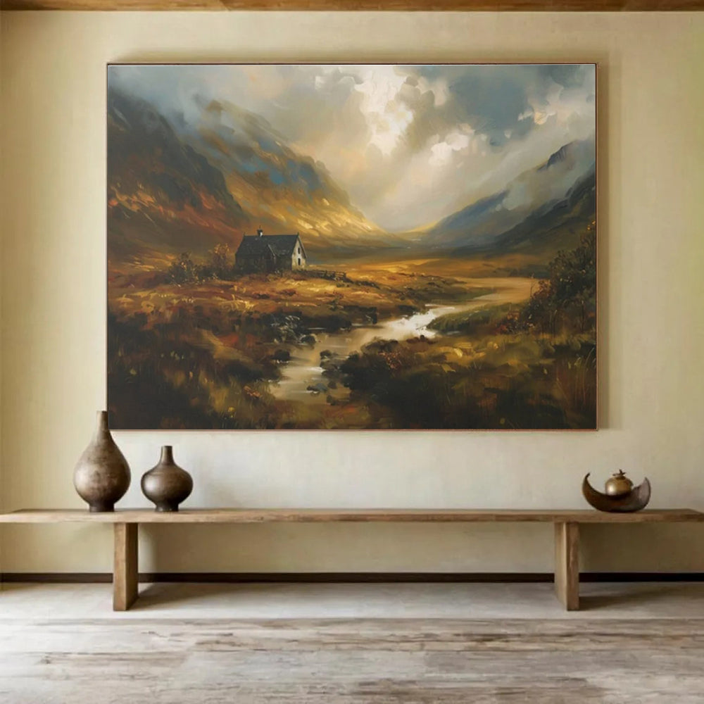 Mountain Cottage Abstract Painting with Warm, Rustic Charm THY402