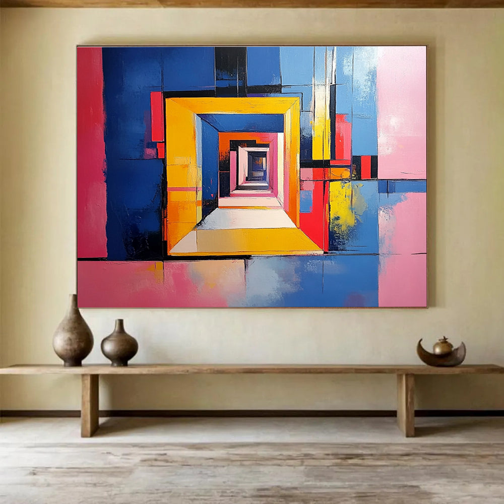 Vibrant abstract painting of an open door with geometric shapes against a blue and yellow background highlighting pink walls and soft textures.SC337