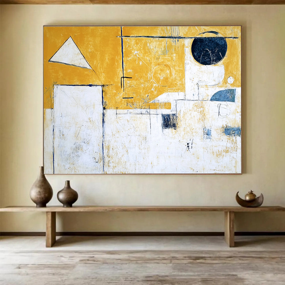 Geometric Abstract Painting with Yellow White and Blue Tones DYP550