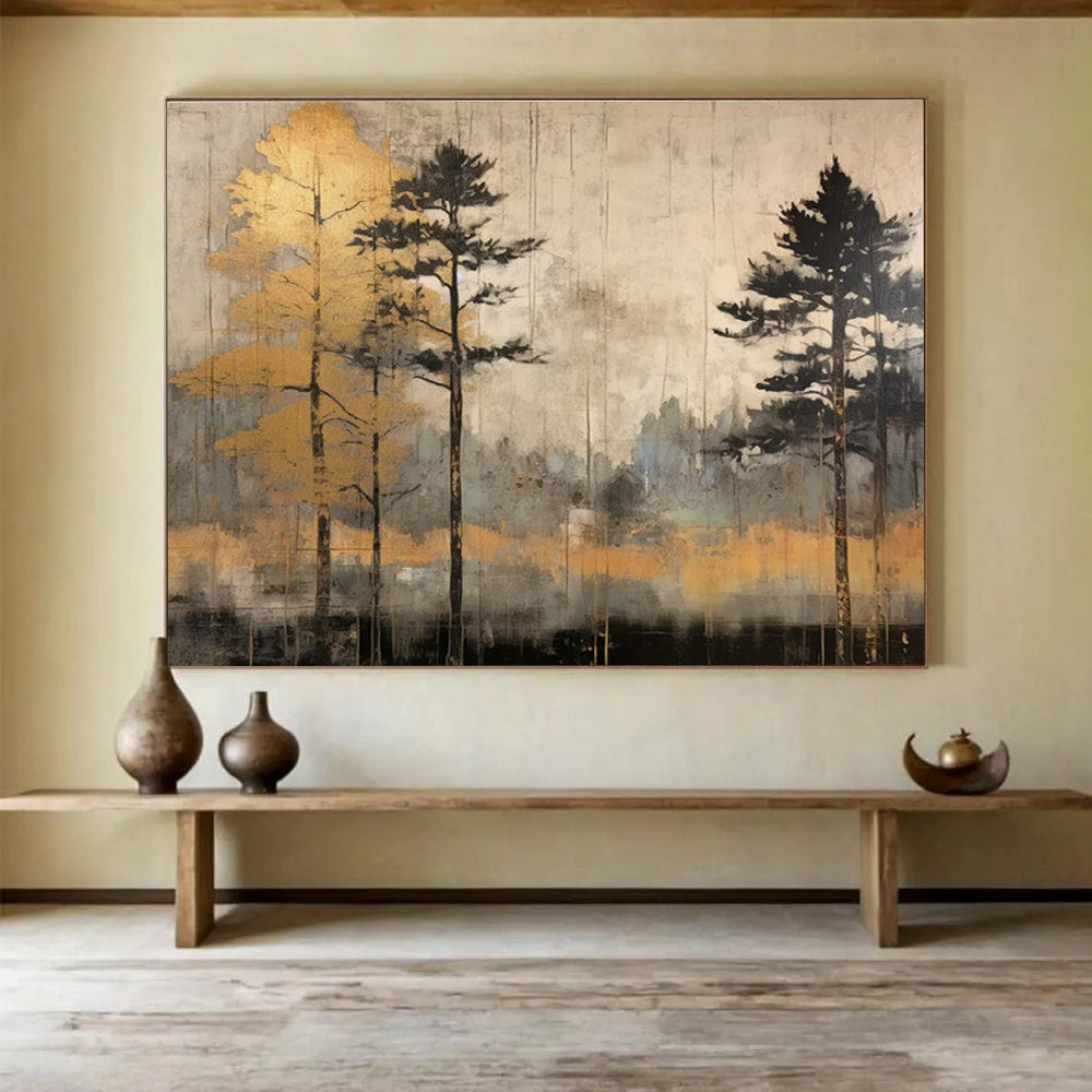 Golden Tree and Neutral Toned Forest Abstract Painting THY105