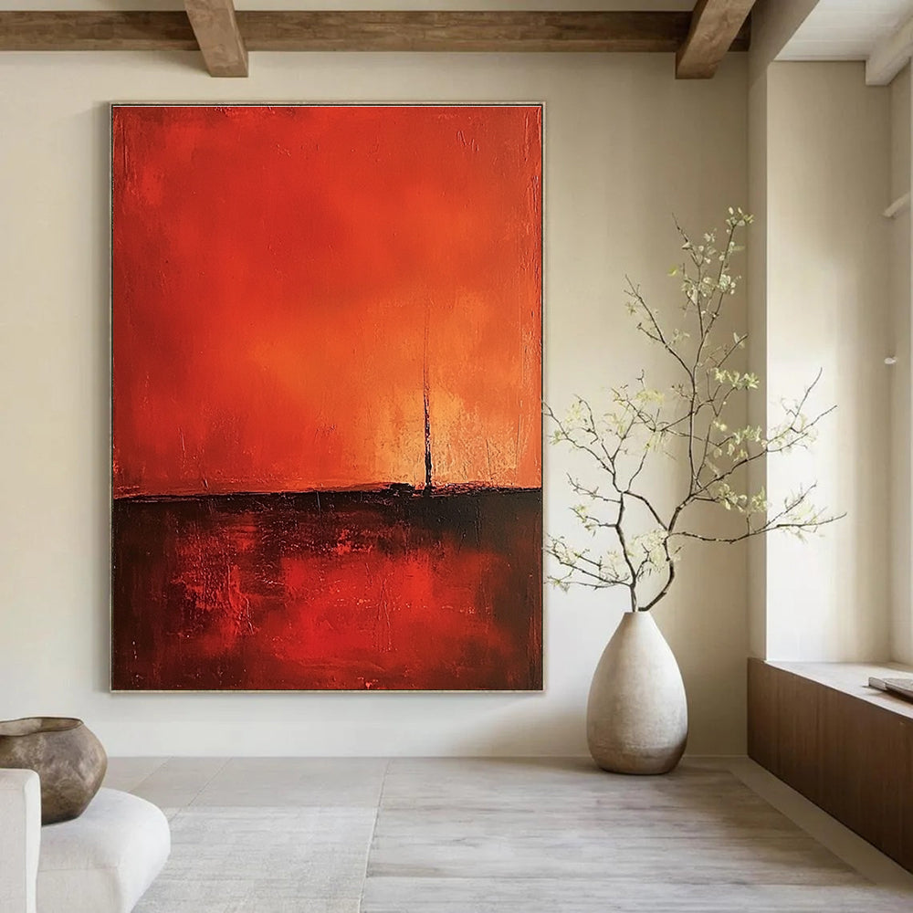 Abstract oil painting featuring a minimalist red background with warm tones and heavy brush strokes in a vintage style.STSC1377