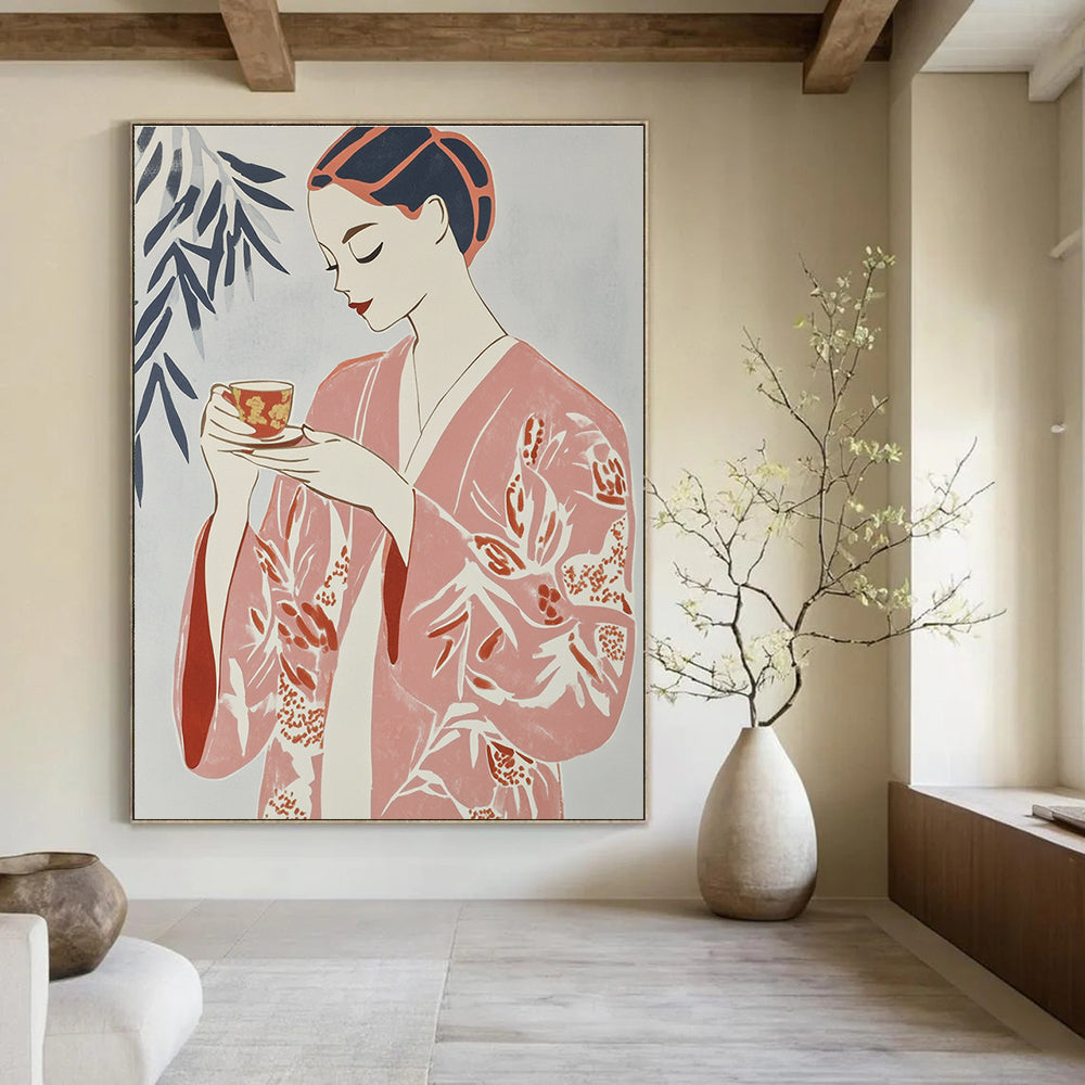 Large Abstract Artwork Featuring A Woman In A Floral Robe Relaxing With Tea Against A Light Grey Background In Risograph Gouache Style.STSC1314