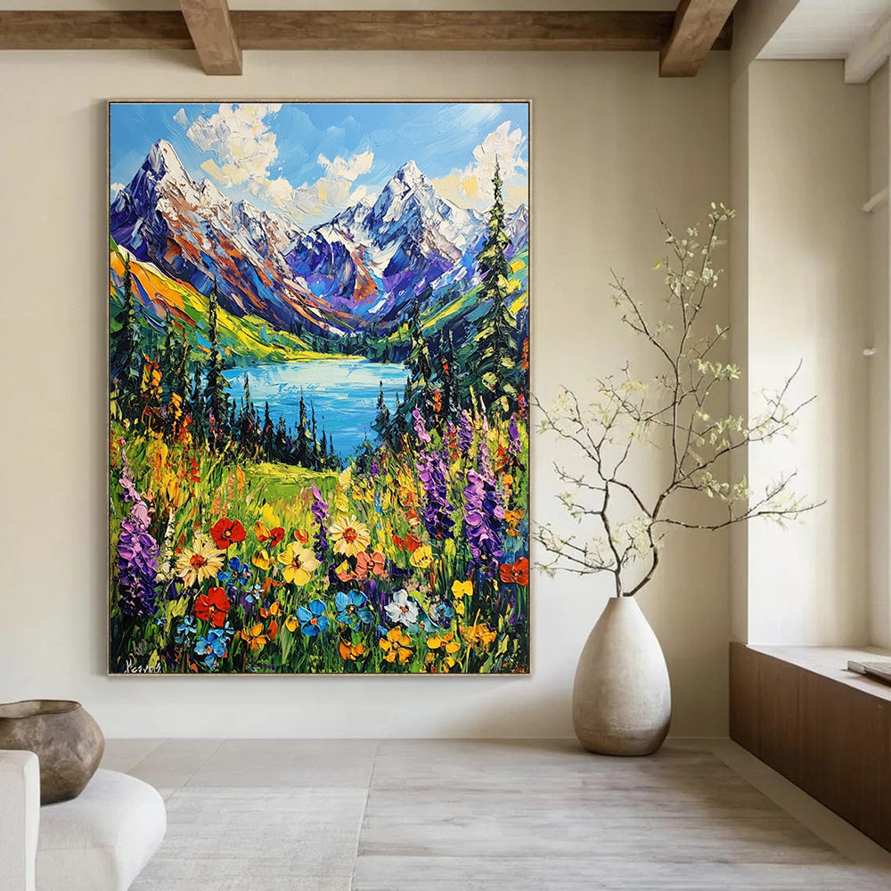 A large abstract painting capturing snow-capped mountains vibrant wildflowers and a serene blue lake in British Columbia's lush landscape in impressionistic style.STSC1225