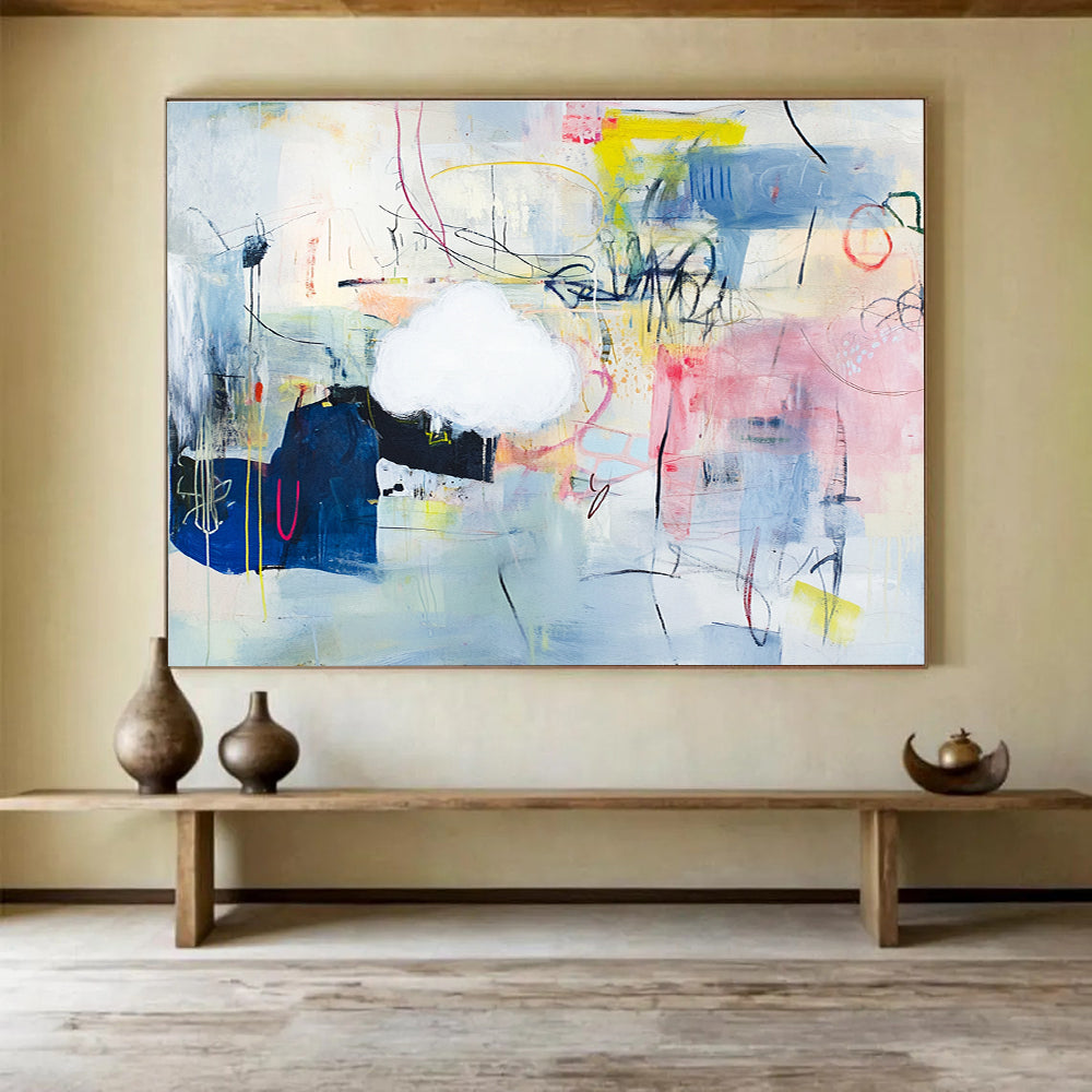 Large abstract painting featuring playful shapes and lines on a light blue background with mixed media collage elements and vibrant textural accents.SC477