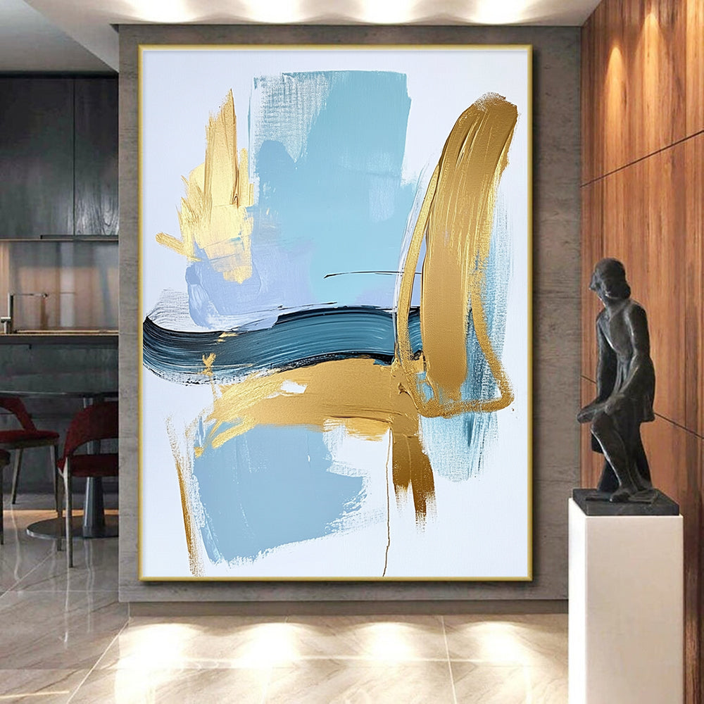 Blue and Gold Minimalist Abstract Painting with Bold Strokes GER582