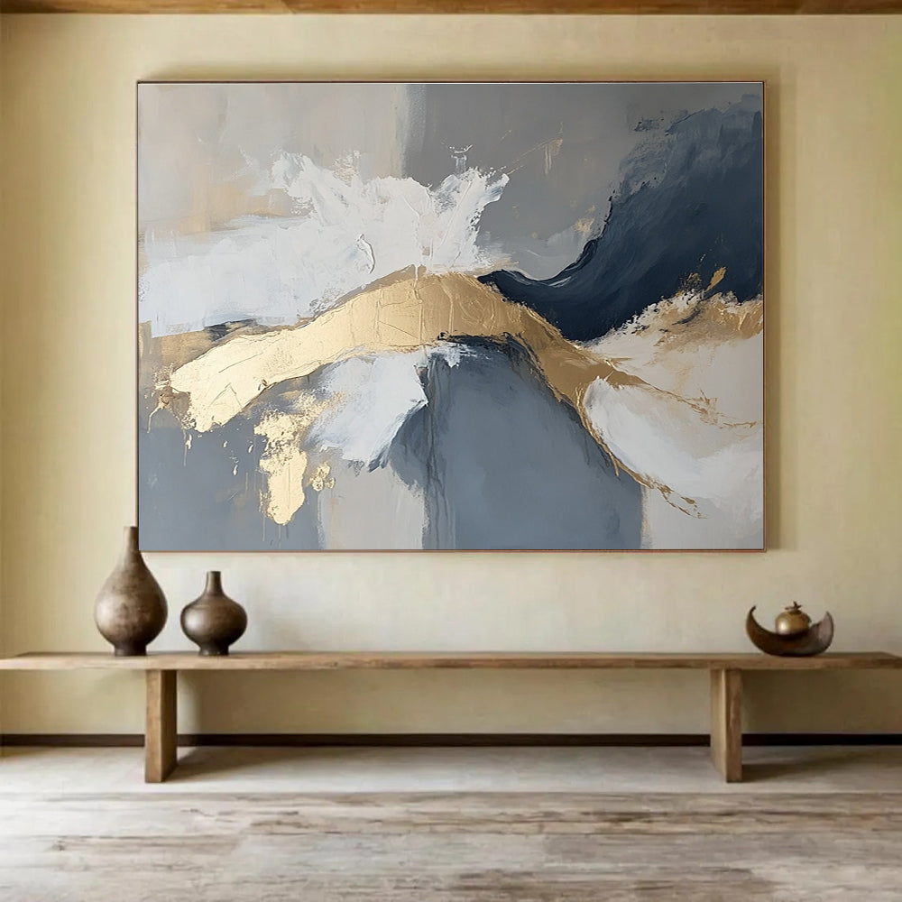 Large abstract painting in gray and white with gold accents, atmospheric and moody, featuring intricate details.SC140