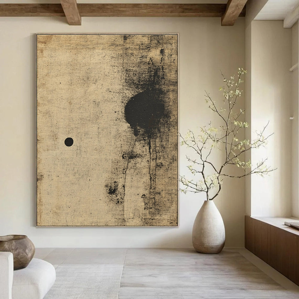 Large abstract painting of an animal in beige and black with antique texture soft edges and minimalist aesthetic.STSC635