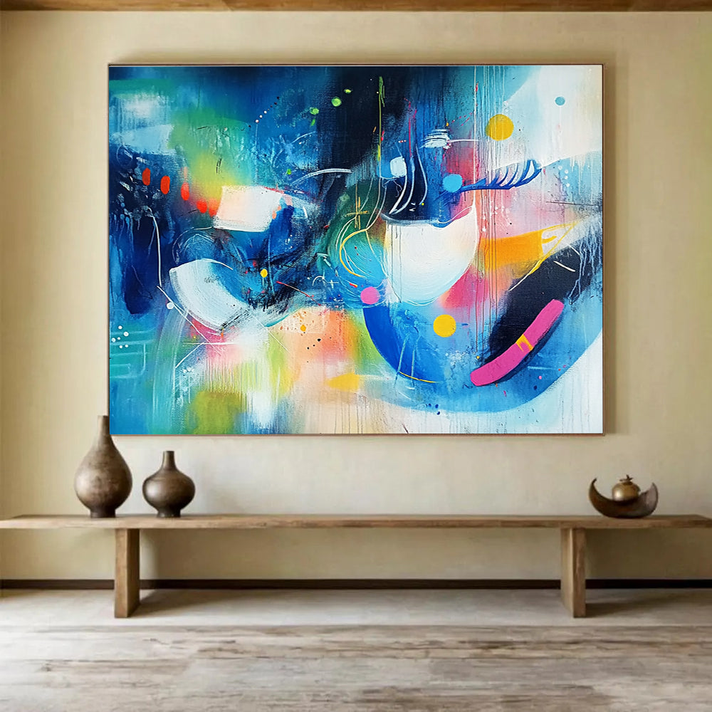 Vibrant abstract painting featuring colorful shapes and lines in shades of blue and green with bright accents, embodying a sense of dynamic movement.SC216