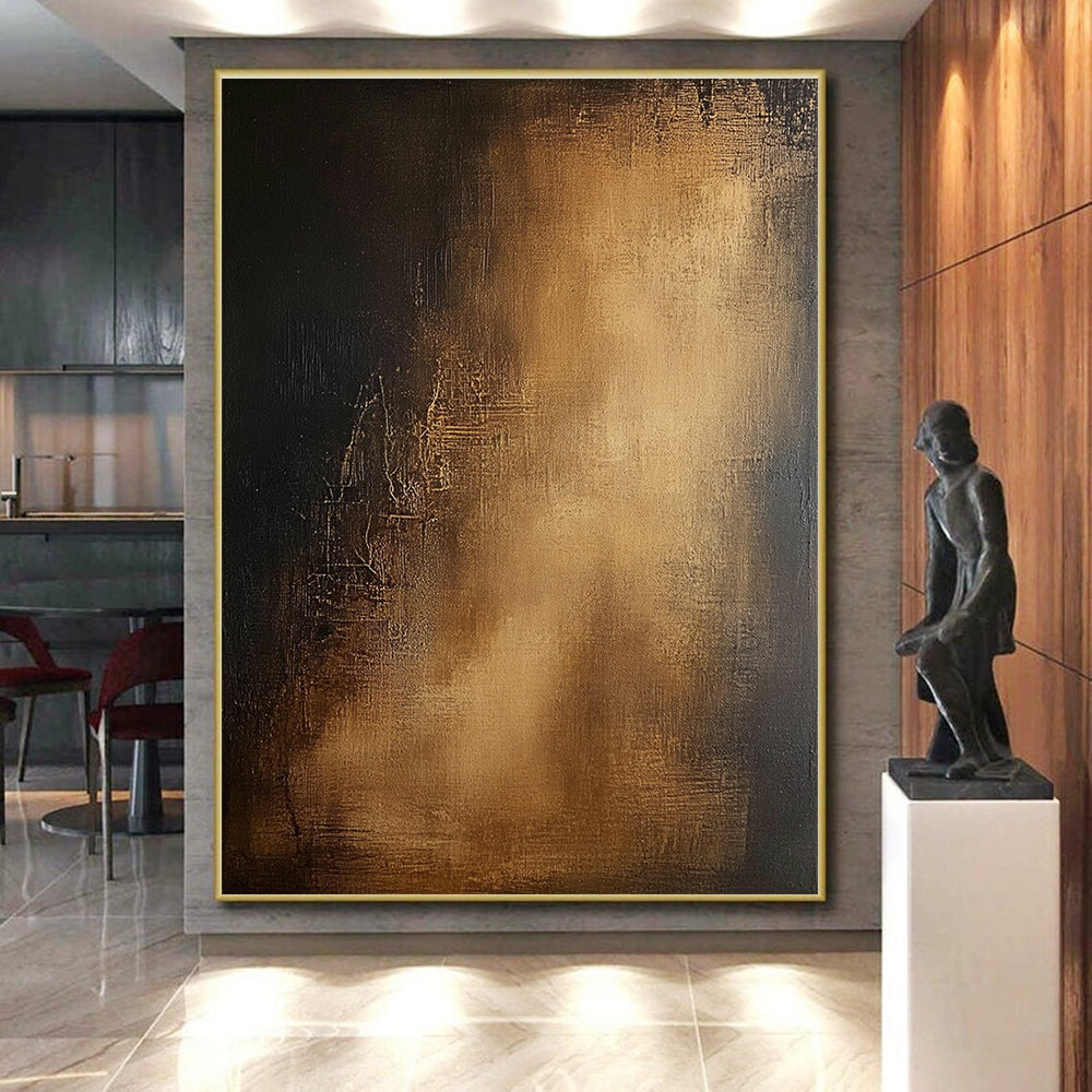 Black and Gold Textured Abstract Painting with Subtle Glow GER032