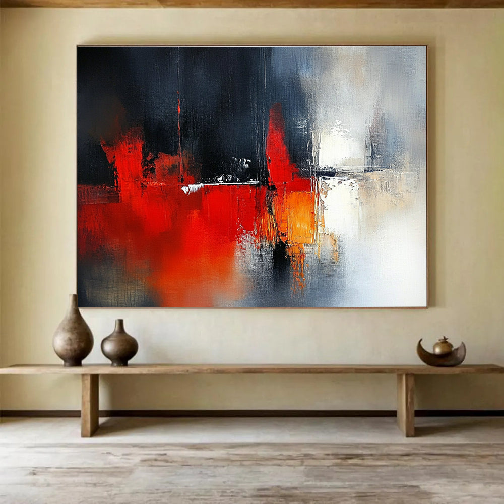 Large abstract painting featuring blurred red and white tones with dark gray background and architectural elements complemented by delicate textures and soft lighting effects.SC230