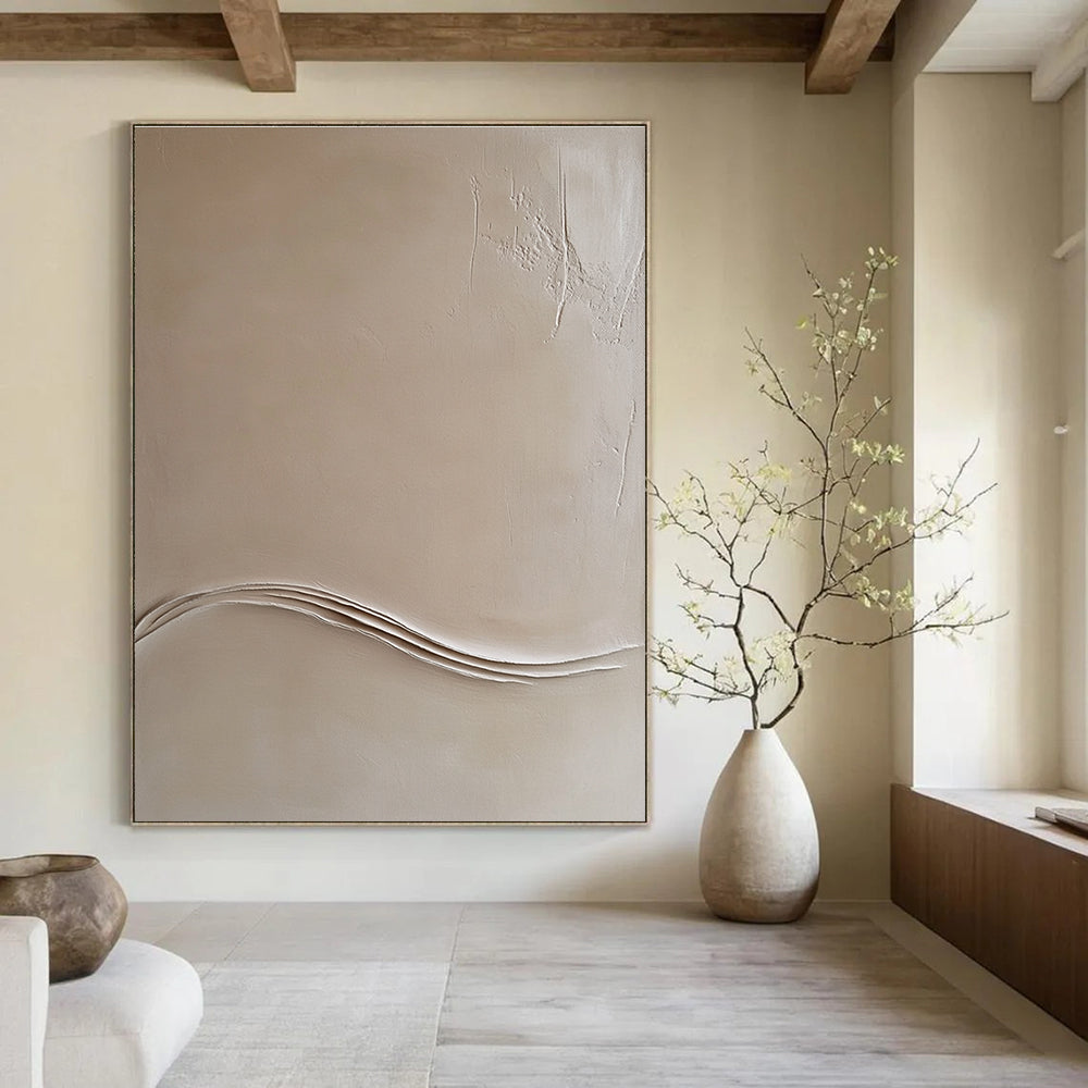 Abstract drawing featuring a beige wall with thin lines and an embossed white wave contour in the top right corner.STSC548