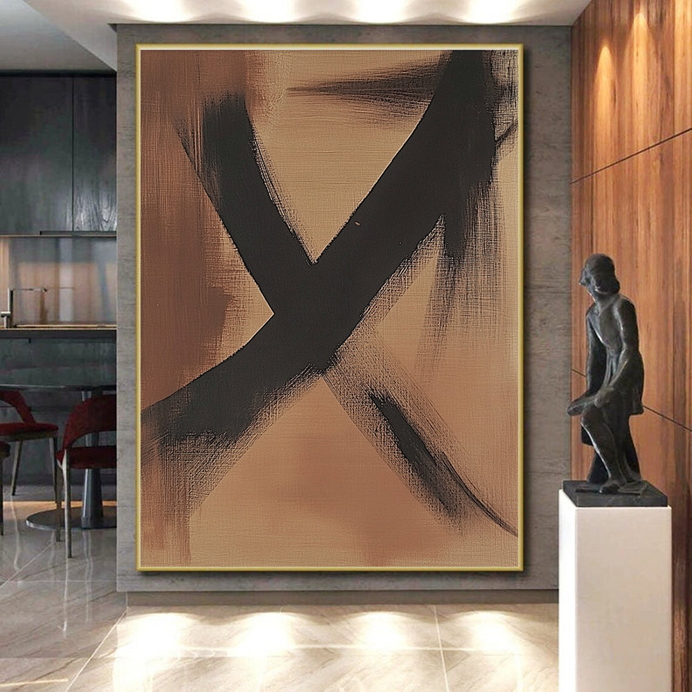 Brown and Black Abstract Painting with Minimalist Lines GER592