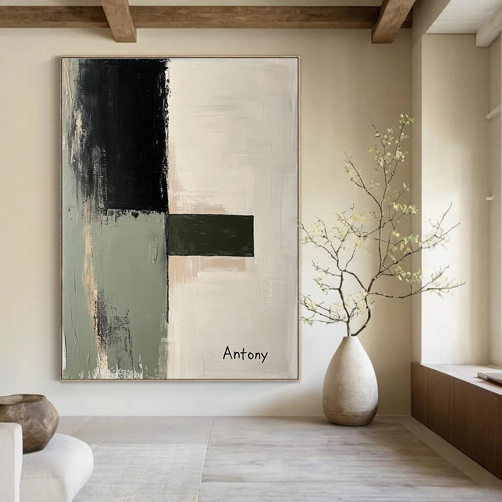 Large abstract painting featuring a light gray sage green and black palette with minimalist landscape shapes and the inscription Antony.STSC730