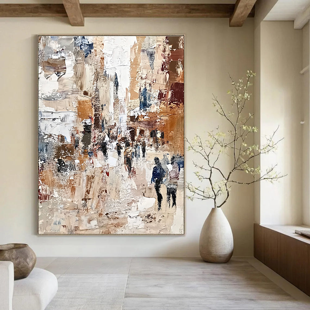 Large abstract painting of a bustling cityscape with textured impasto strokes in muted earthy tones and patchworks of warm colors, evoking impressionistic depth.STSC597