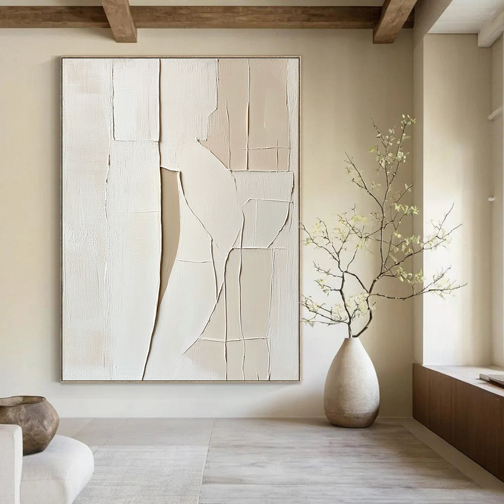 Large abstract painting featuring a woman's body with soft lines simple shapes and thick impasto texture in white and beige tones.STSC1467