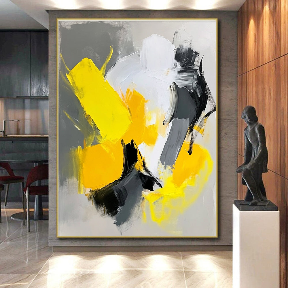 Yellow Gray Black Abstract Painting with Energetic Compositions GER809