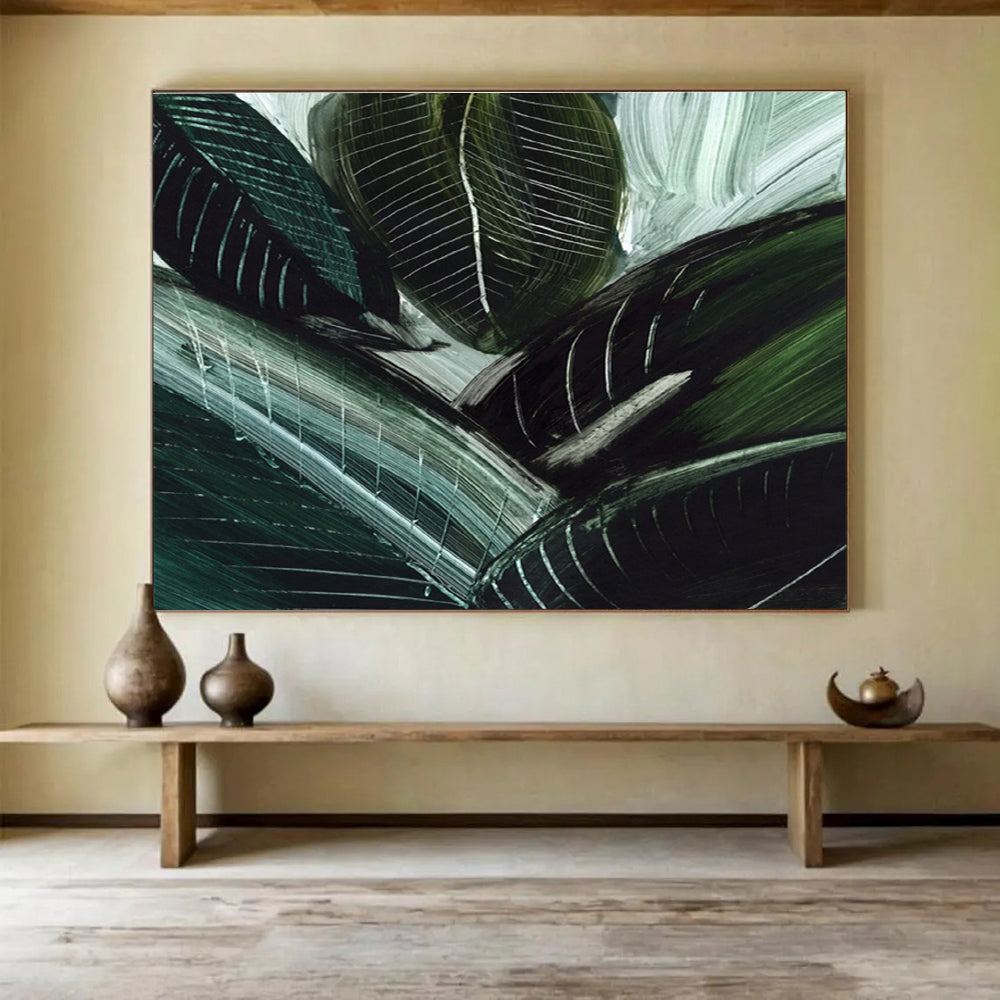 Green Leaf Abstract Painting with Bold Textures THY144