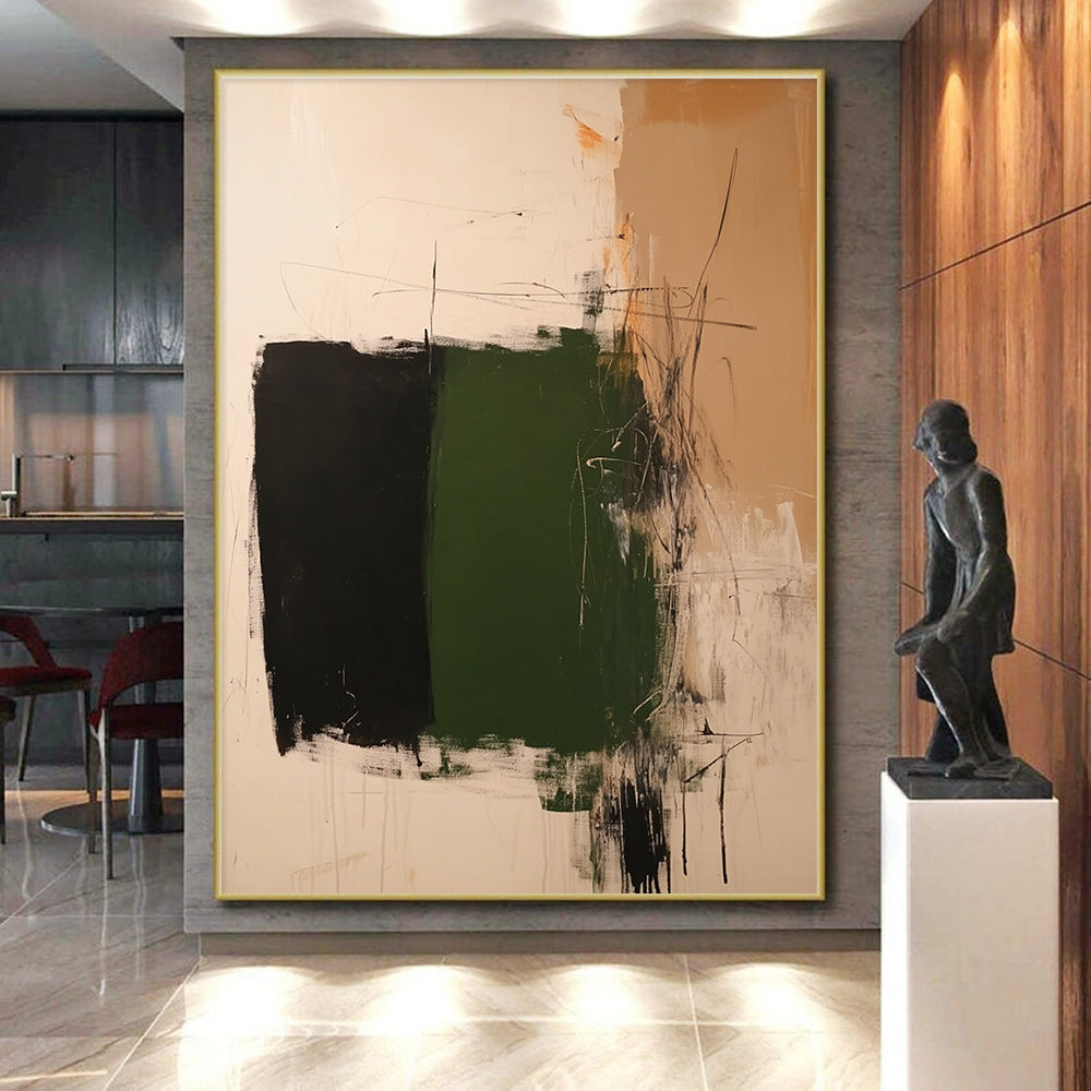 Green Black Beige Abstract Painting with Bold Color Blocks GER776