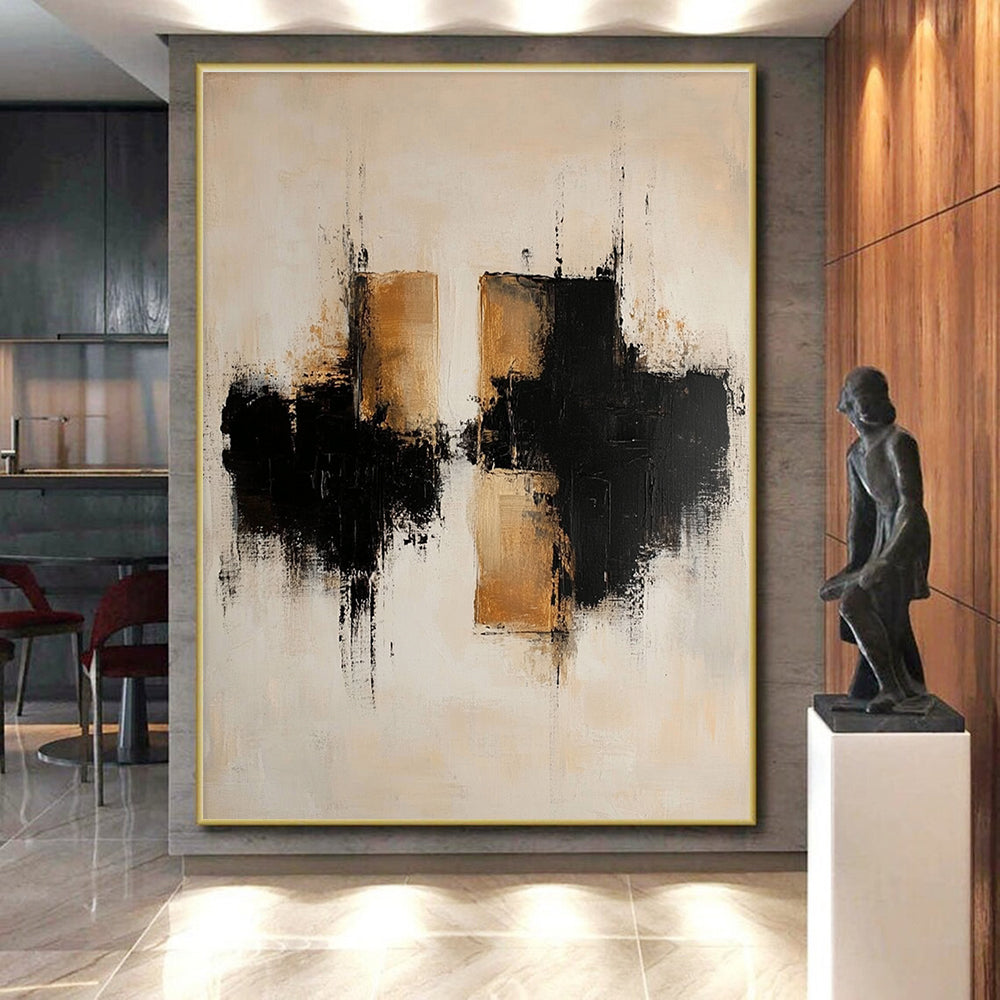 Beige Black Reflective Abstract Painting with Textured Layers GER775