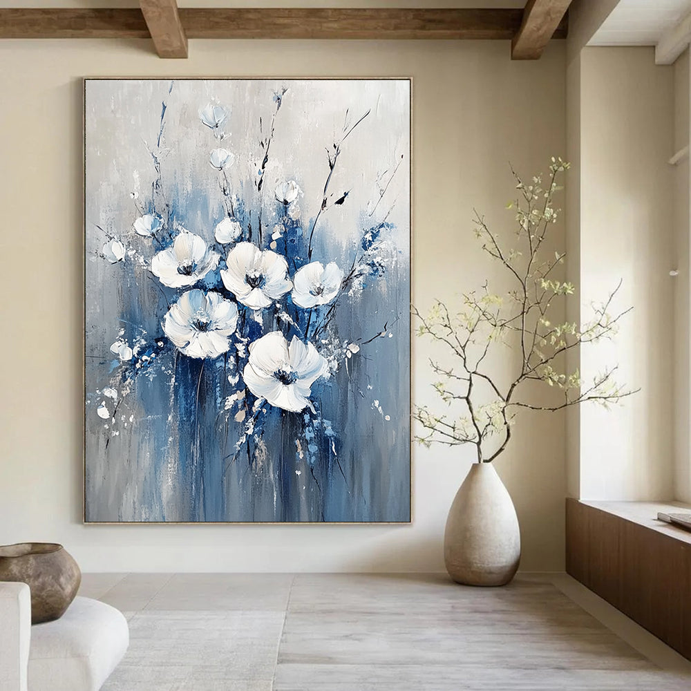 Large Abstract Blue and White Flowers Painting featuring soft gray background white flowers and light blue accents for a serene decor atmosphere.STSC035