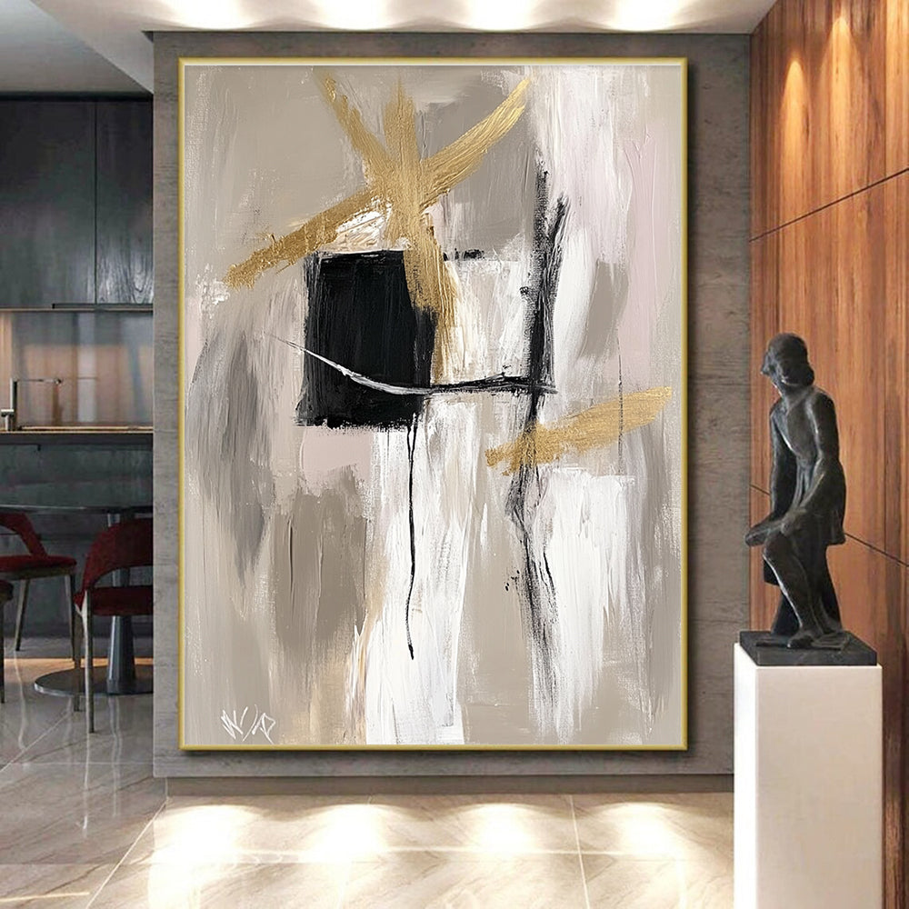 Gold Black and Gray Abstract Painting with Dynamic Strokes GER690