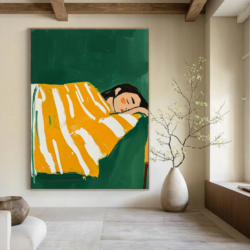 A large abstract painting featuring a woman in a yellow and white striped blanket sleeping on a couch with a vibrant green background.STSC1267