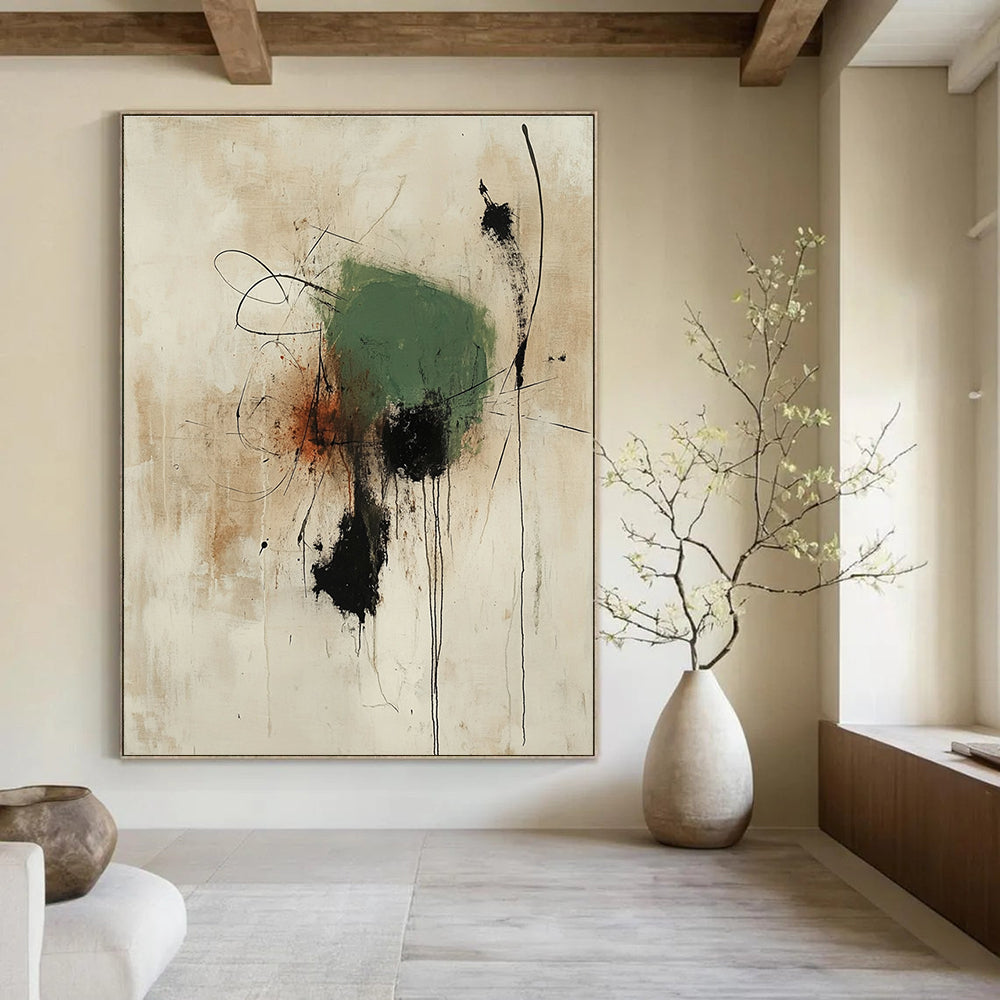 Large abstract painting featuring thick green shape with black accents and rust lines on an off-white background creating rich texture and depth.STSC1186