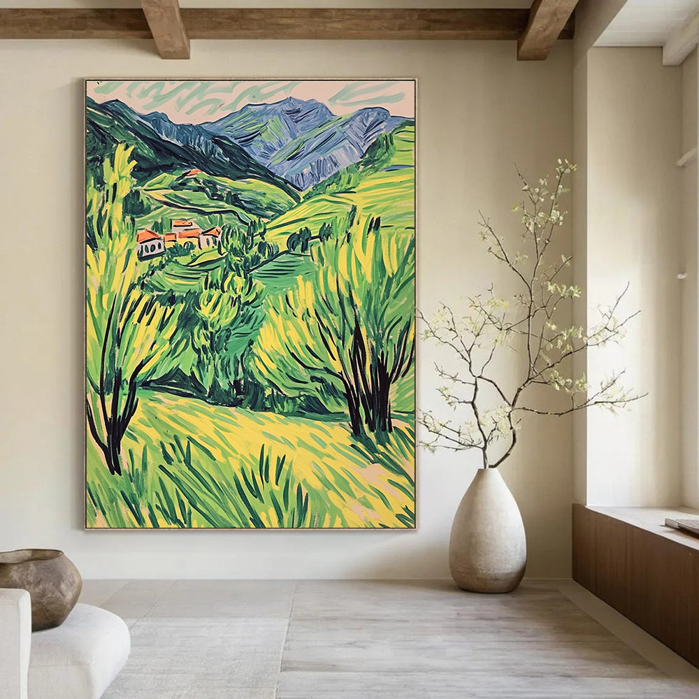 A large abstract painting capturing a vibrant spring Alps landscape in doodle style with simple lines and lively green and yellow hues.STSC1017